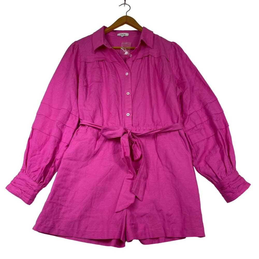 Fate Long Sleeve Isabella Linen Romper Size L Pink Pintuck Balloon Night Out